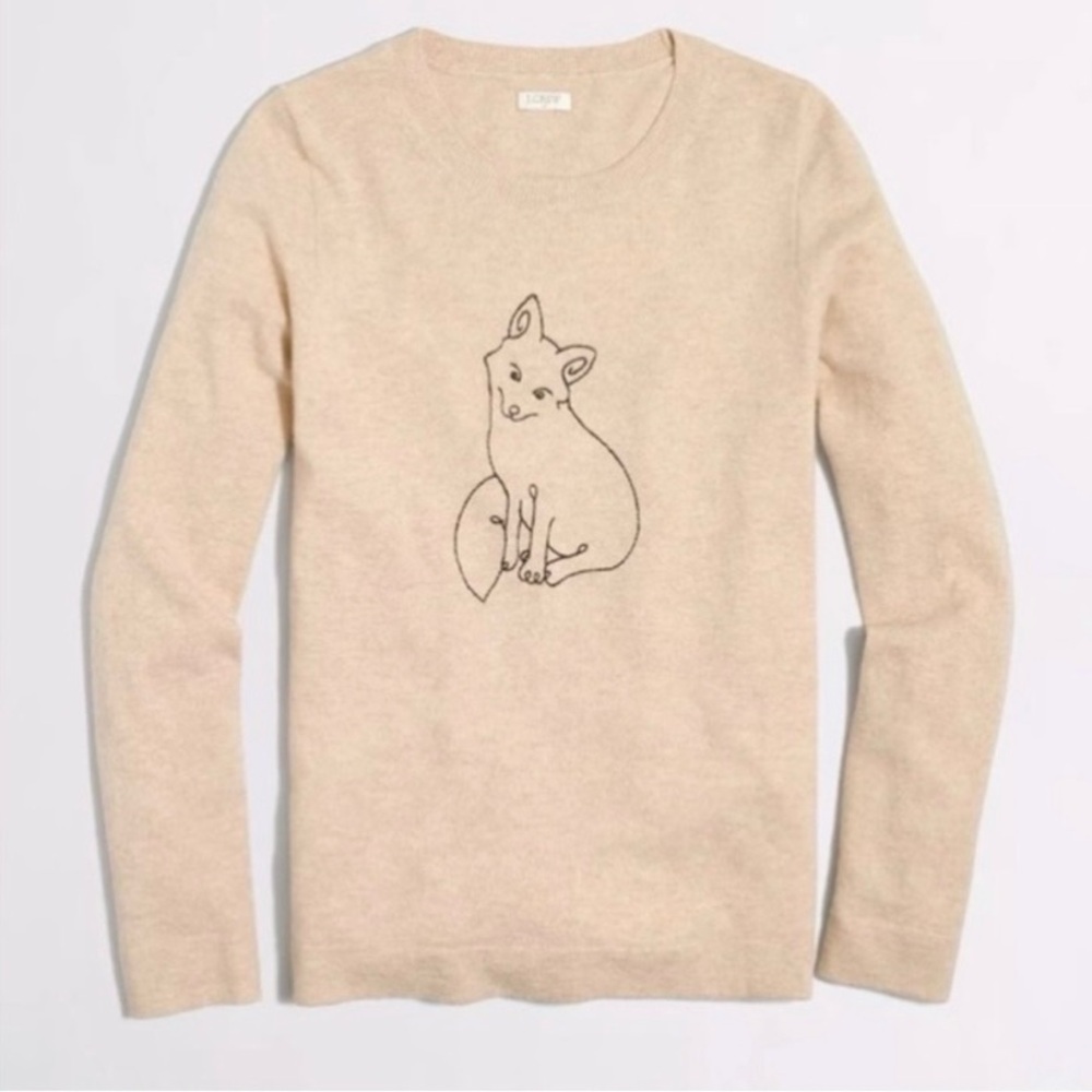 J. Crew Teddie Sweater Embroidered Fox Wool Cotton Beige Tan Sz S